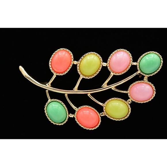 Sarah Coventry Jewelry - Sarah Cov Vintage Cabochon Pin Brooch Multi-Color Egg Leaf Signed 1980s BinAP